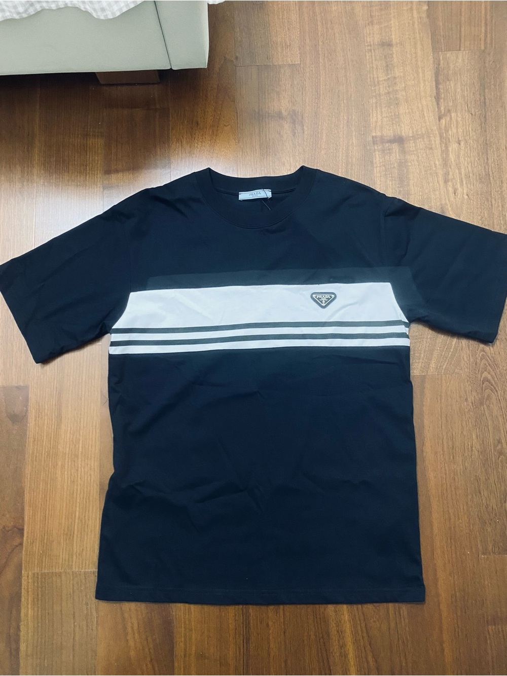 Prada Black T-Shirt with White Stripe Chest Panel